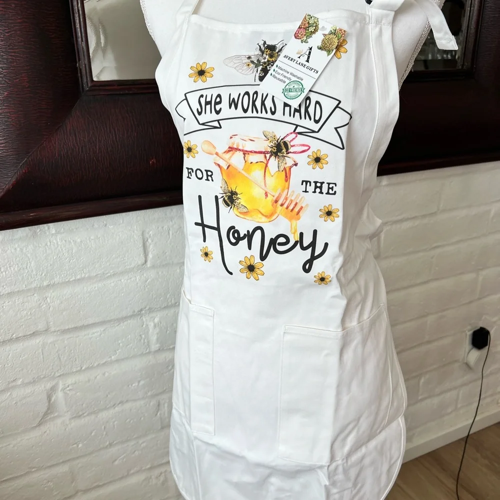 Port Authority White Apron with Honeybee and Floral Design